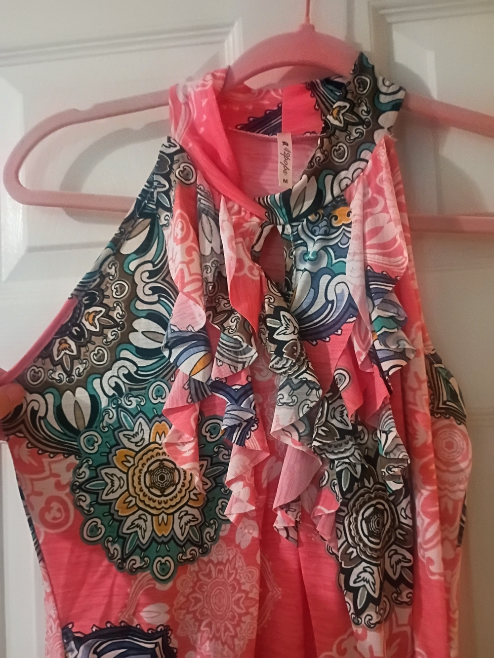 Pink Halter Ruffle Front Printed Tank - Picture 2 of 3